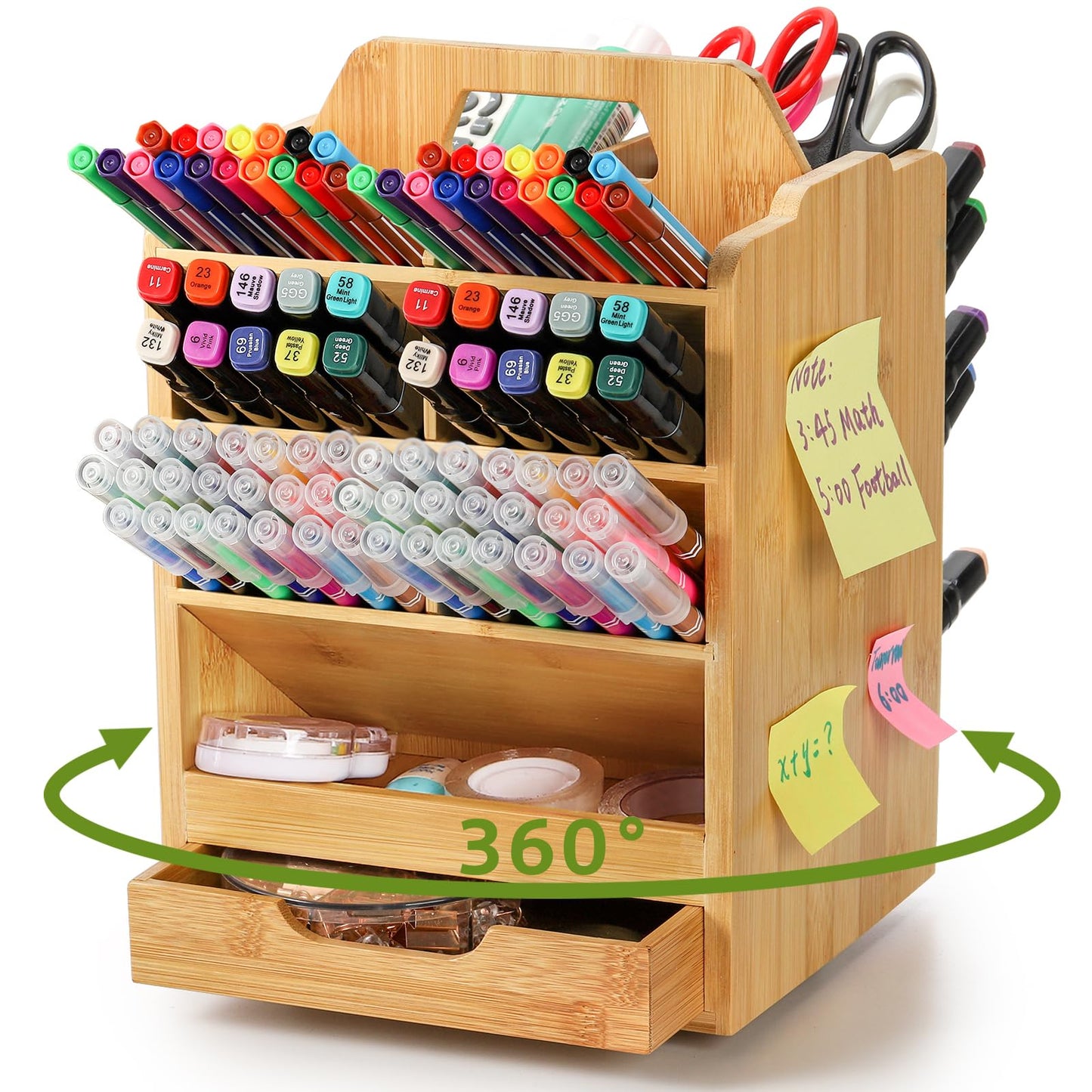 SOUJOY Bamboo Pen Holder Organizer, 360°Rotating Art Supply Storage Caddy, Hold 400+ Pencils, 15