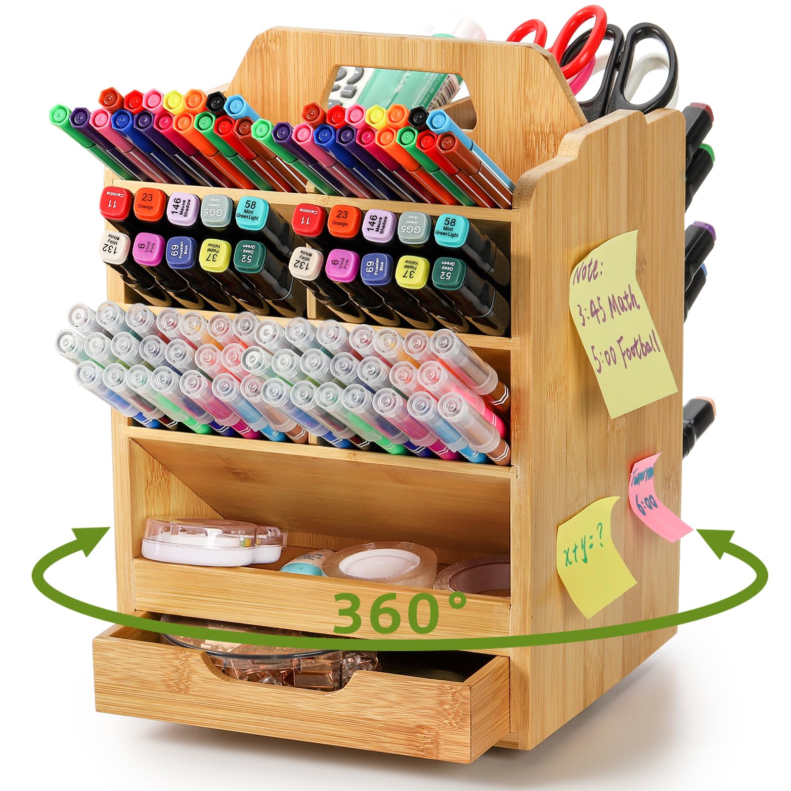 SOUJOY Bamboo Pen Holder Organizer, 360°Rotating Art Supply Storage Caddy, Hold 400+ Pencils, 15