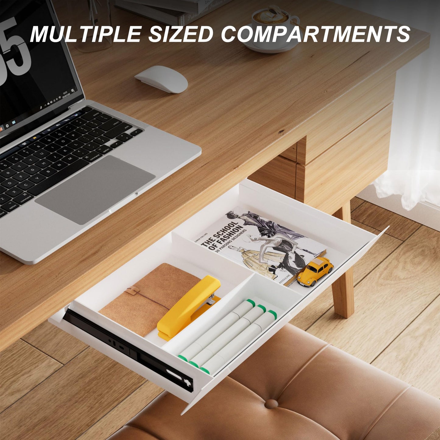 White Under Desk Drawer with Removable Tray, 15.4" Wide 2-in-1 Organizer – 60° Ergonomic Tilt
