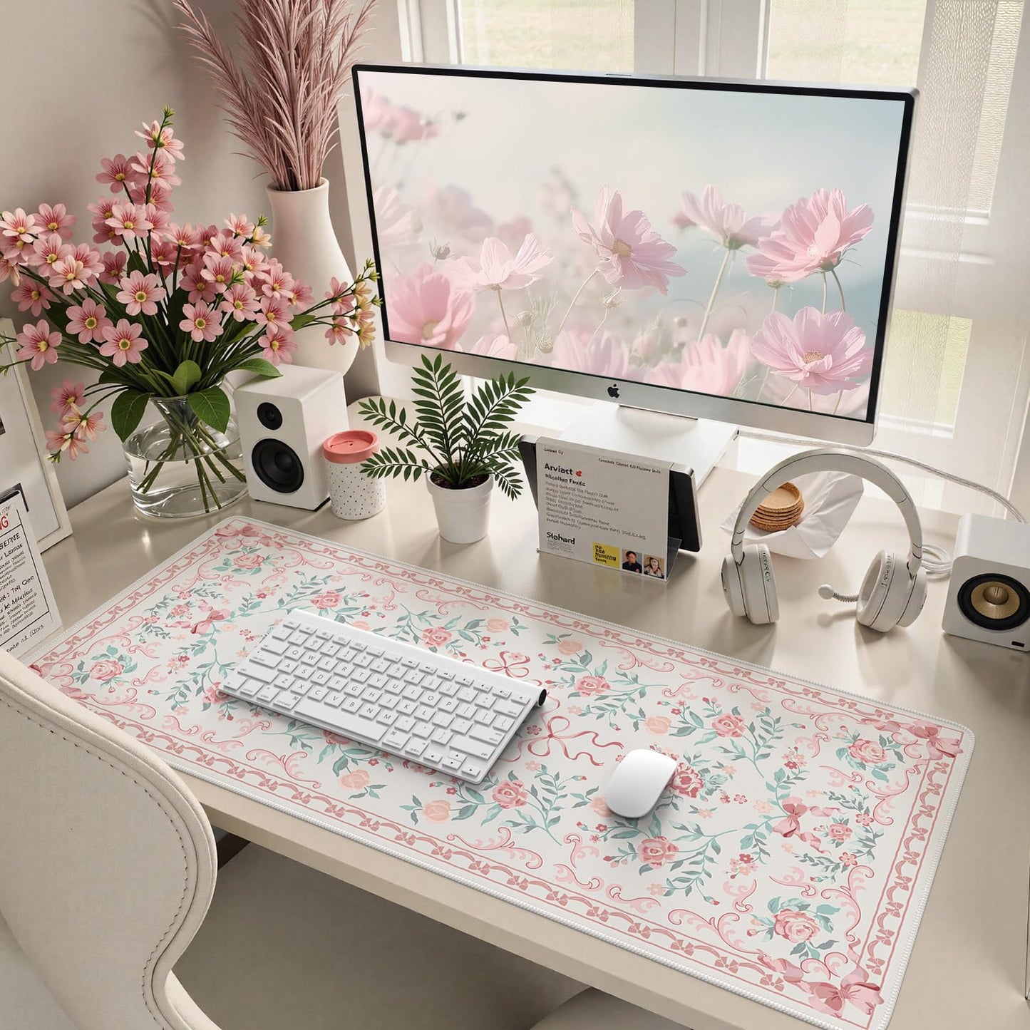 HAOCOO Pink Bow Laptop Mat, 35.4" x 15.7" Deskmat for Office Cubicle Desk
