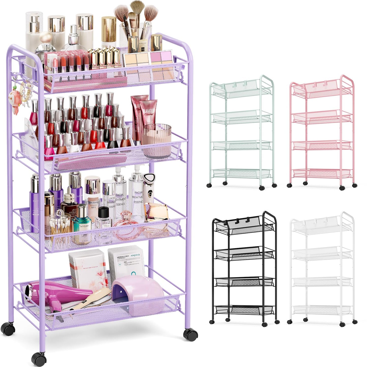 TOOLF 4 Tier Rolling Cart, Metal Utility Storage Cart with Wheels, Purple