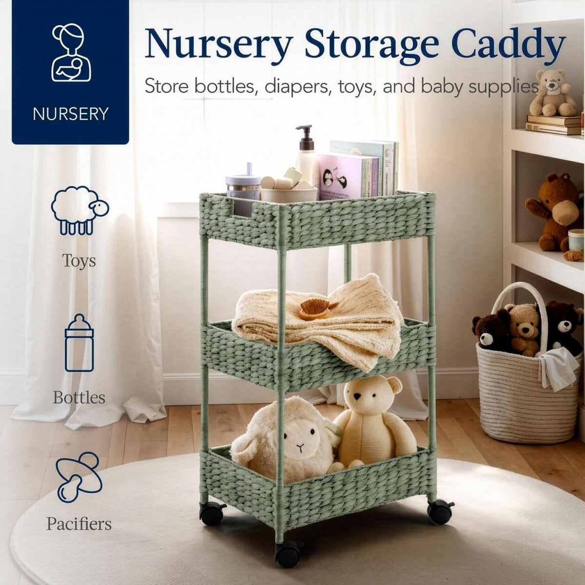 Best Choice Products 3-Tier Water Hyacinth Rolling Nursery Caddy w/Wheels, Utility Cart, Storage