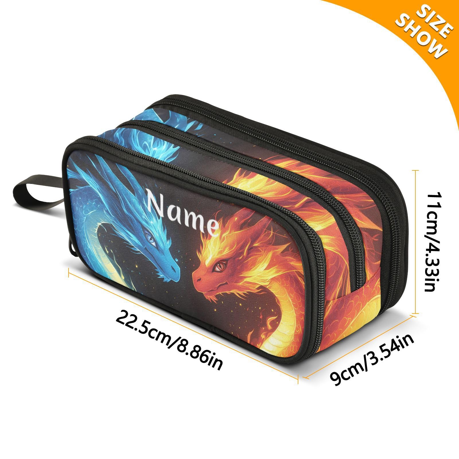 BOENLE Custom Dragons Red Blue Fire Eyes Pencil Case Box Boys Girls Personalized Name Large Pencil