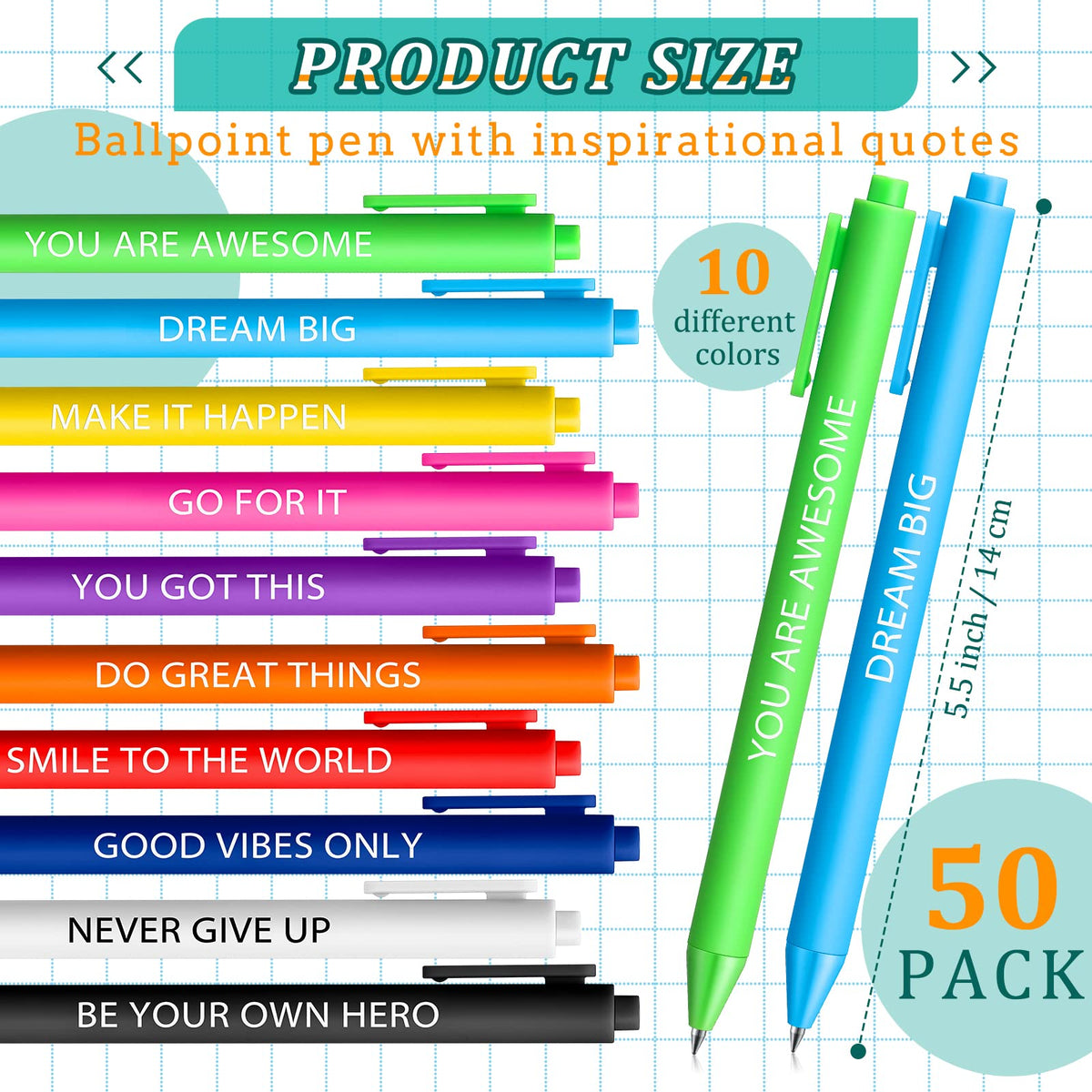 Crtiin 50 Pcs Inspirational Pens Bulk Assorted Color, Motivational