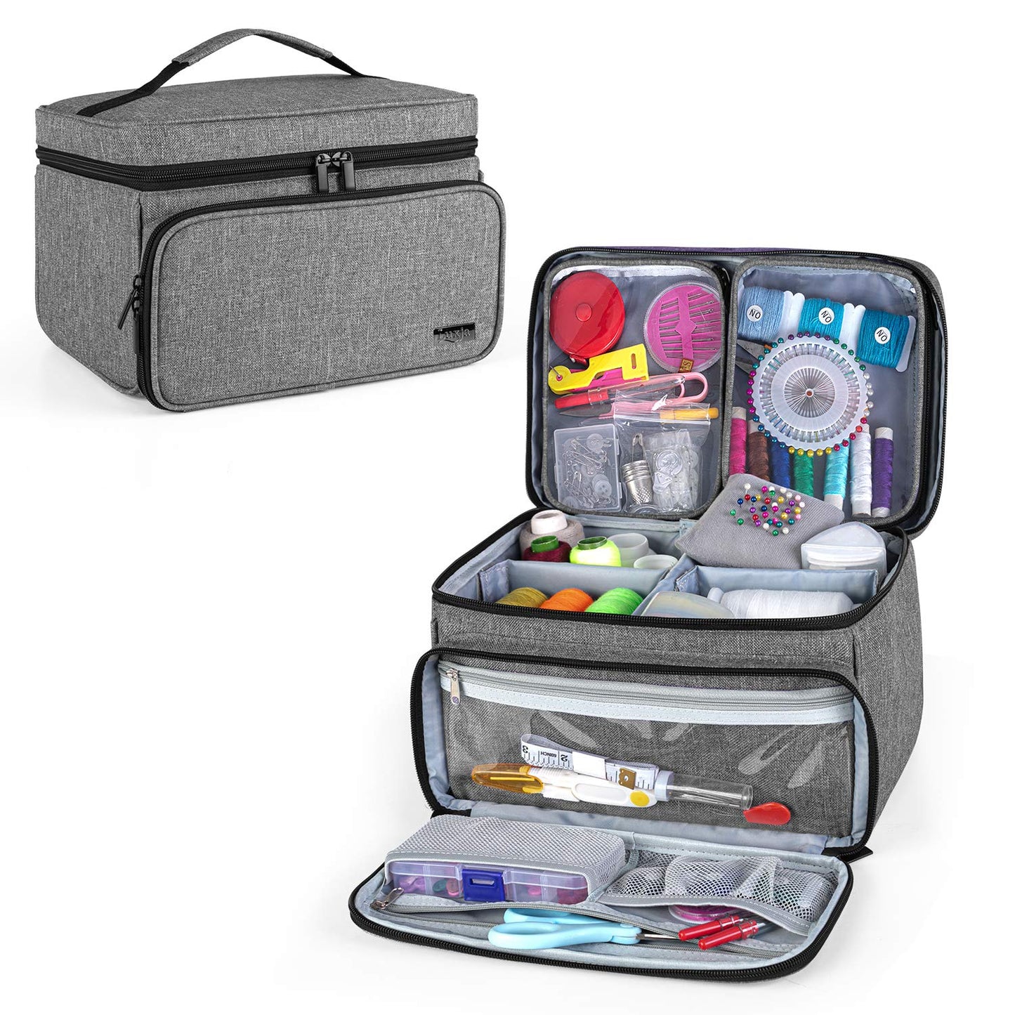 Luxja Sewing Storage Organizer with 2 Detachable Clear Pockets, Gray