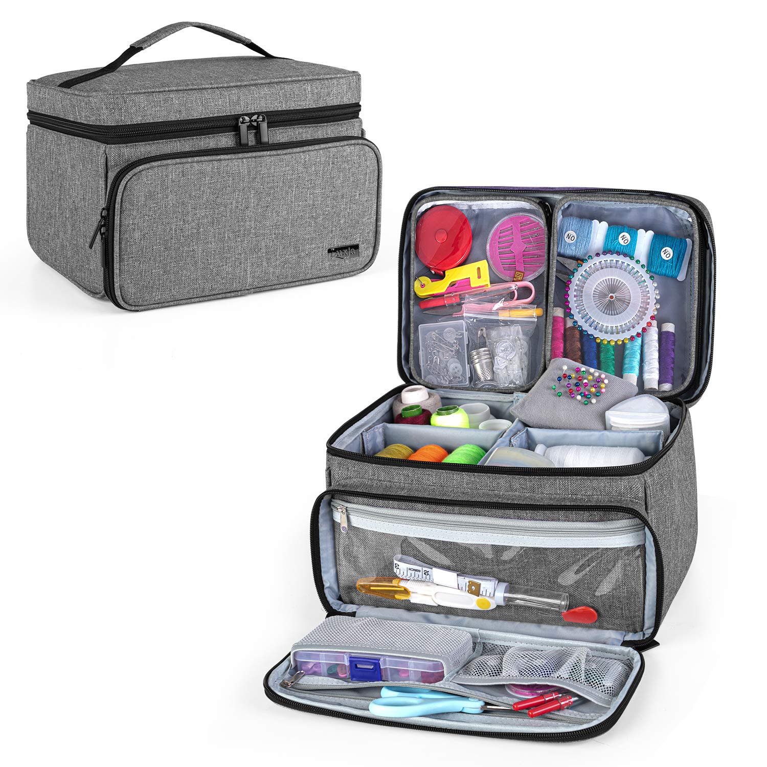 Luxja Sewing Storage Organizer with 2 Detachable Clear Pockets, Gray