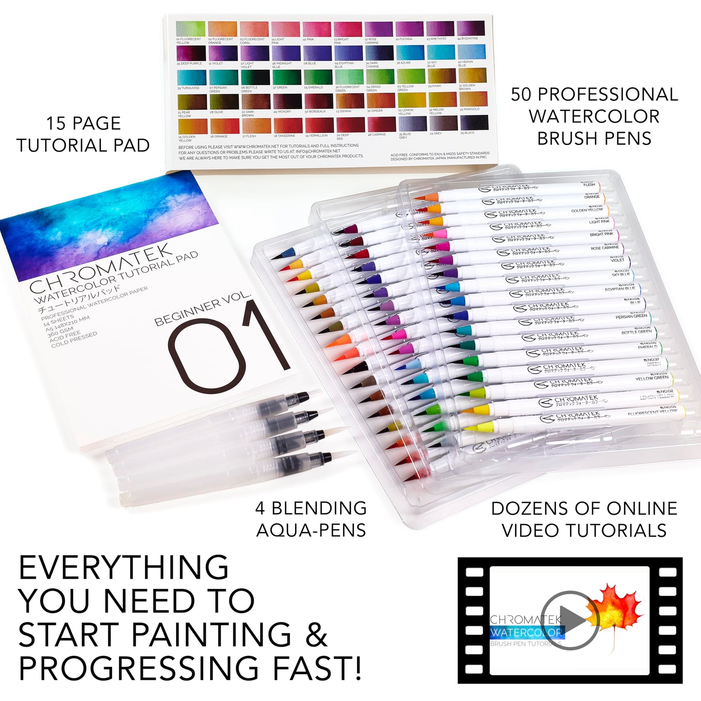 CHROMATEK 54 Watercolor Pens Set | Including 15 Page Pad & Online Video Tutorial Series | 4