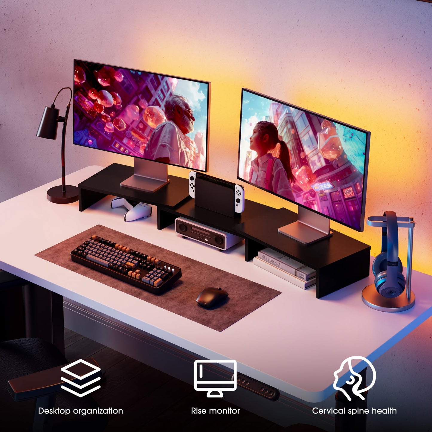FITUEYES Dual Monitor Stand Riser, Adjustable Length and Angle, Black