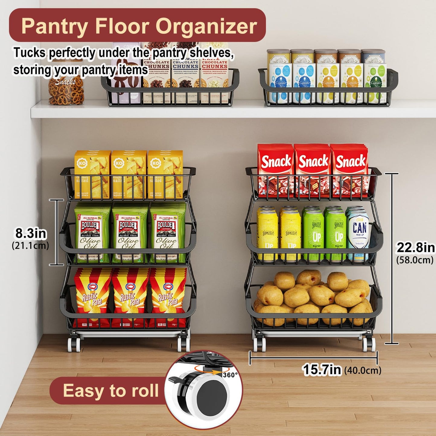 Miyawell 3-Tier Rolling Pantry Cart with Wheels, Stackable Wire Storage Floor Organizer for Kitchen