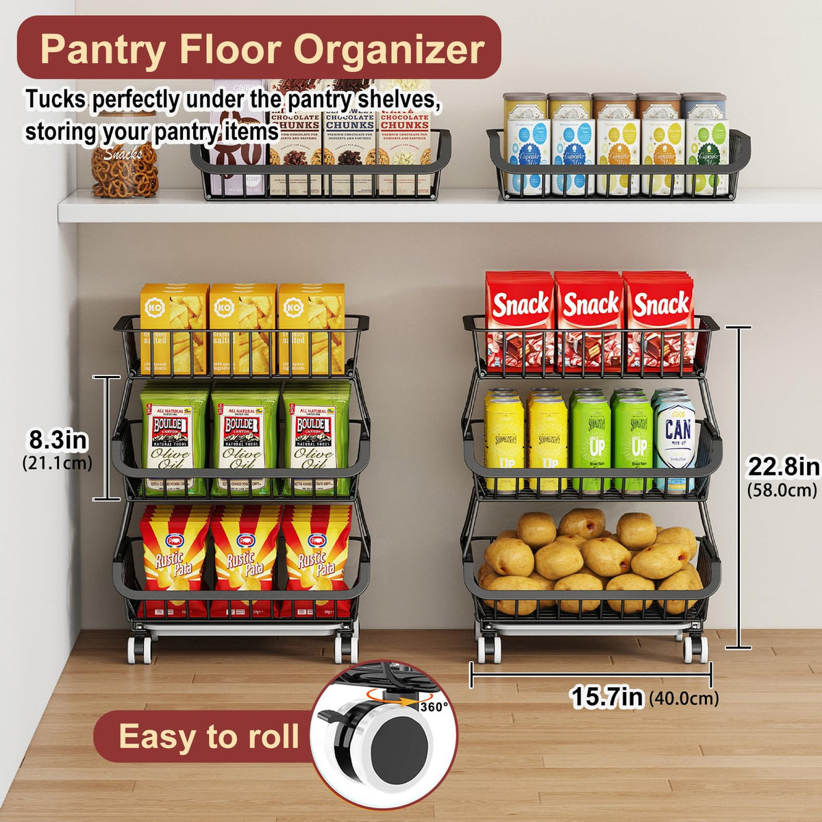 Miyawell 3-Tier Rolling Pantry Cart with Wheels, Stackable Wire Storage Floor Organizer for Kitchen