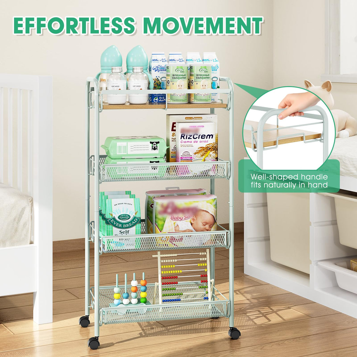TOOLF 4-Tier Rolling Cart, Metal Utility Cart, Slide Out Storage Cart with Wooden Tabletop and Mesh