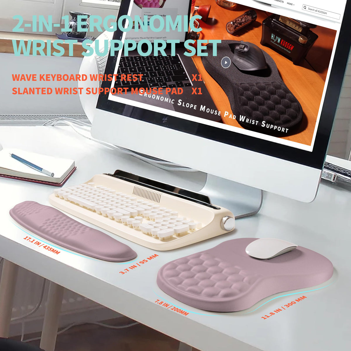 KUOSGM 2-in-1 Ergonomic Set, Wave Rise Keyboard Wrist Rest and Massage Bulge Slope Mouse Pad Wrist