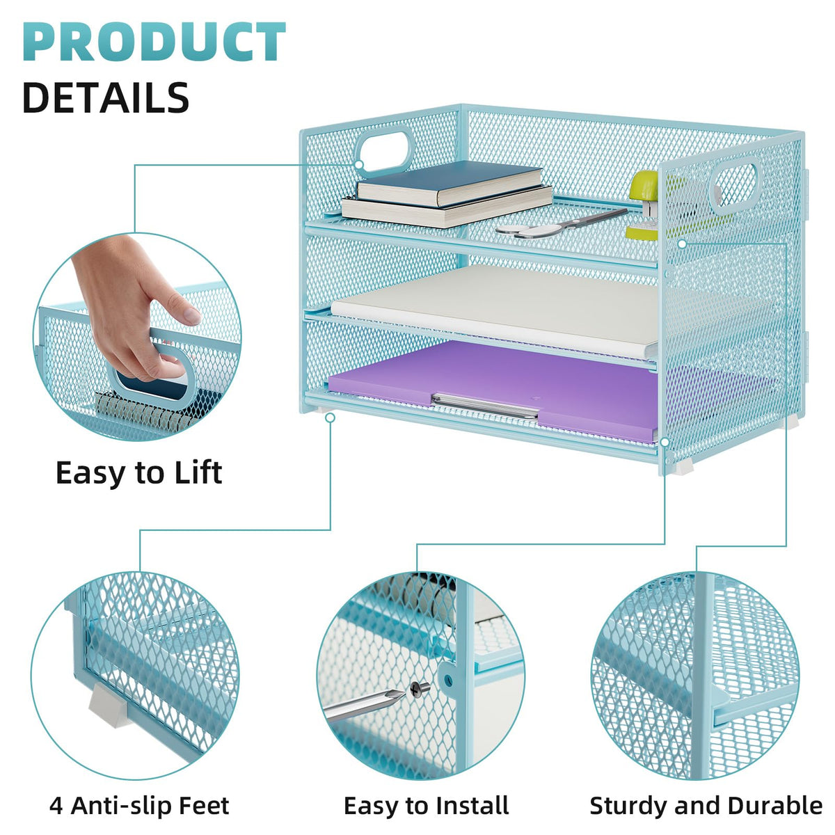 Marbrasse 3 Tier Paper Organizer Letter Tray, Mesh File Organizer with Handle, Paper Sorter Desk