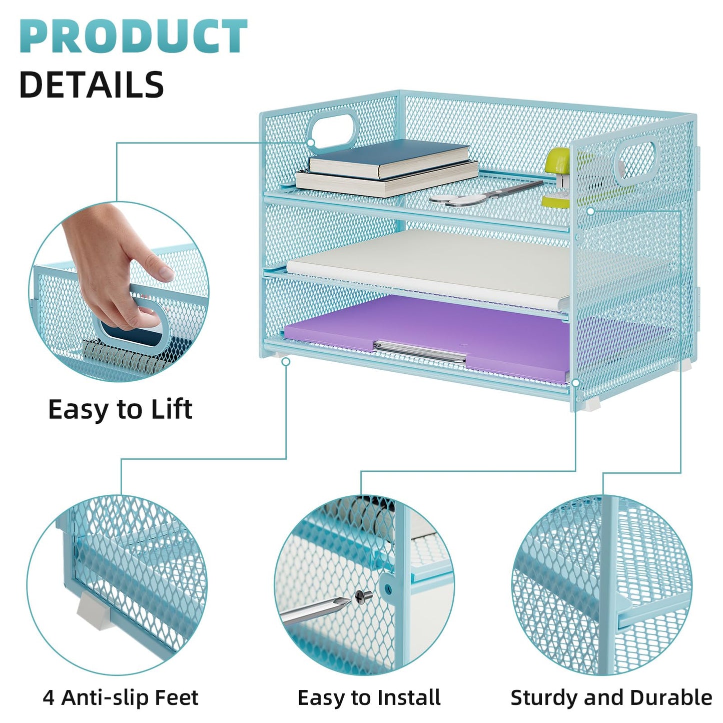 Marbrasse 3 Tier Paper Organizer Letter Tray, Mesh File Organizer with Handle, Paper Sorter Desk