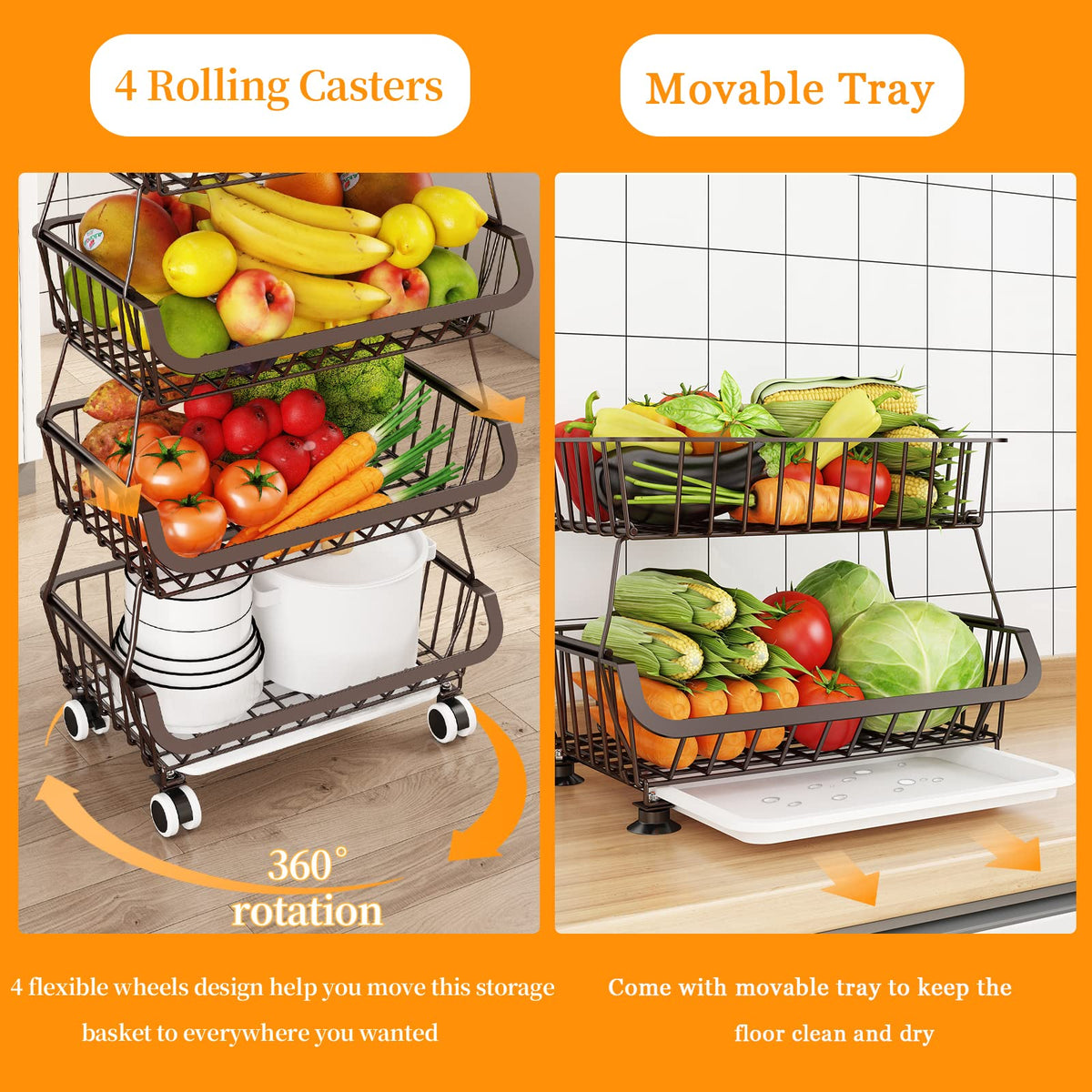 Miyawell Fruit Vegetable Storage Basket for Kitchen - 4 Tier Stackable Metal Wire Baskets Cart with