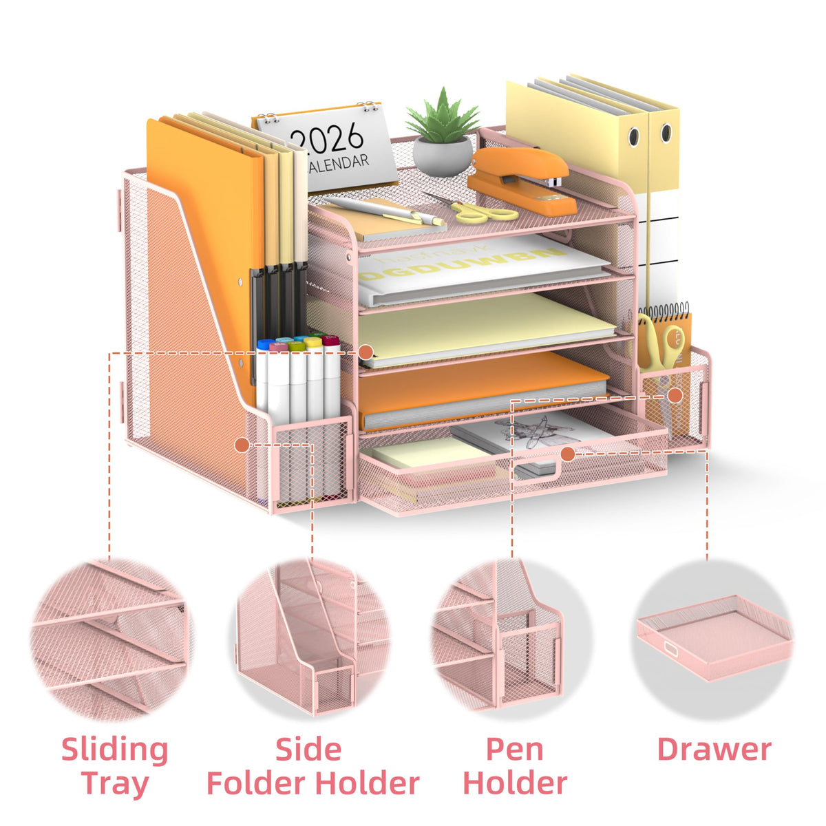 SUPEASY Mesh Desk Organizer with File Holder, 5-Tier Paper Letter Tray Organizer with Magazine