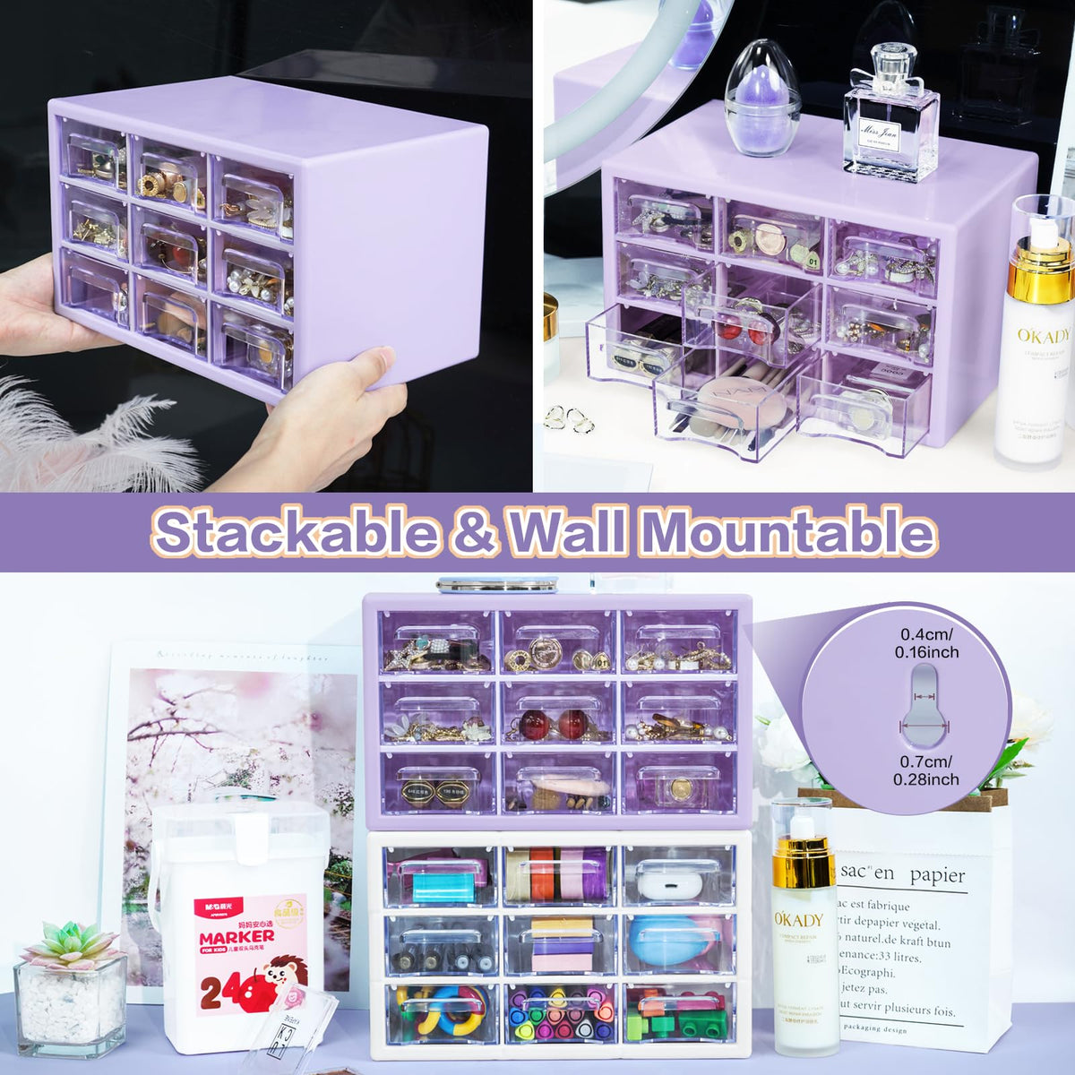 MYKASEN Desk Storage Organizer with 9 Drawers, Clear Plastic Storage Cabinet, Stackable Desk