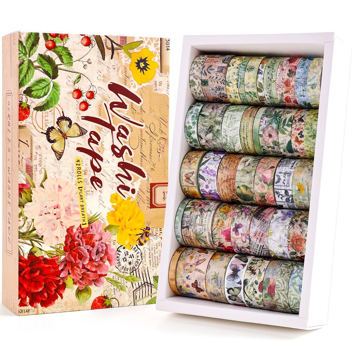42 Rolls Vintage Washi Tape Set, Delicate Butterfly & Lush Floral Botanical Themed Writable