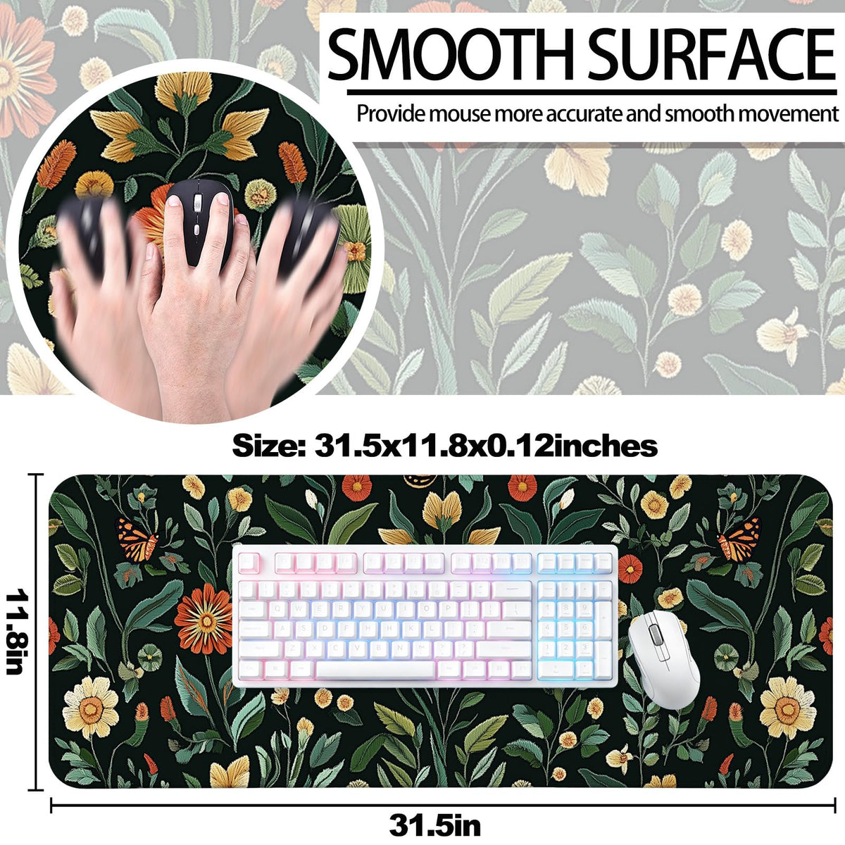 Floral Gaming Desk Mat, Computer Keyboard Large Extended Long Flower Plants Mouse Pad for Office