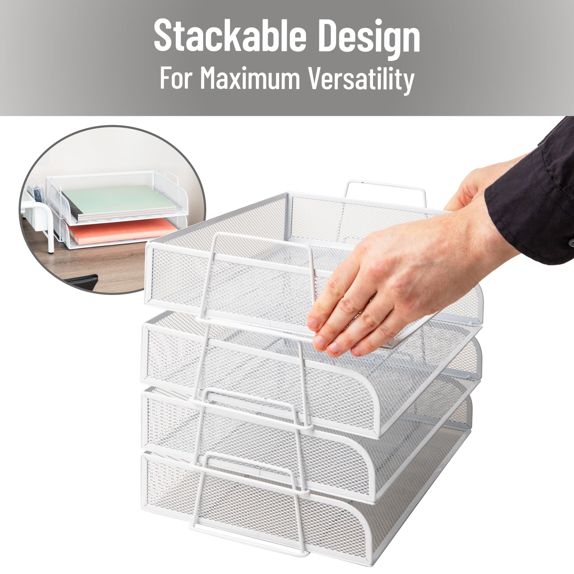 Mind Reader Stackable Paper Tray, Desktop Organizer, File Storage, Office, Metal Mesh, 4 Pcs., White