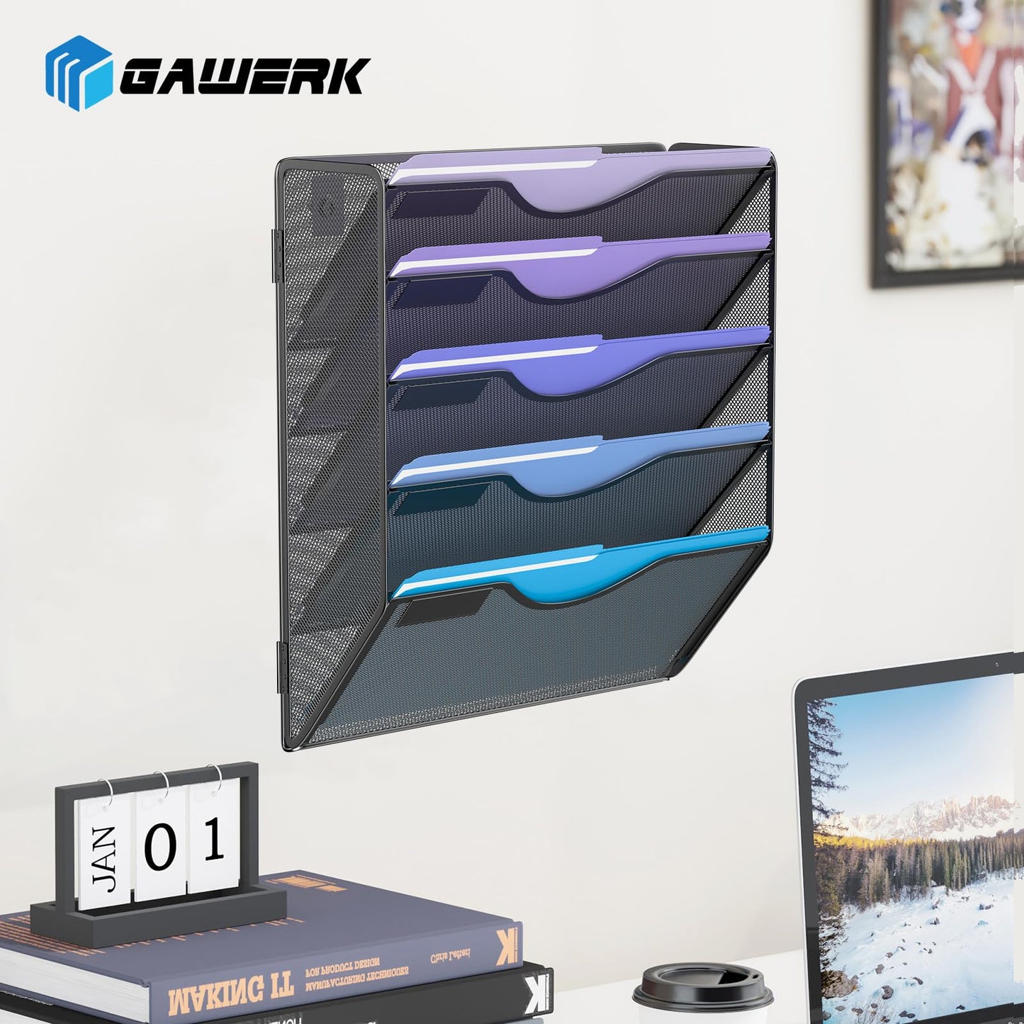 Gawerk 5 Tier Hanging Wall File Organizer, Mesh Mail Paper Orgnization Hanging File Folder Holder