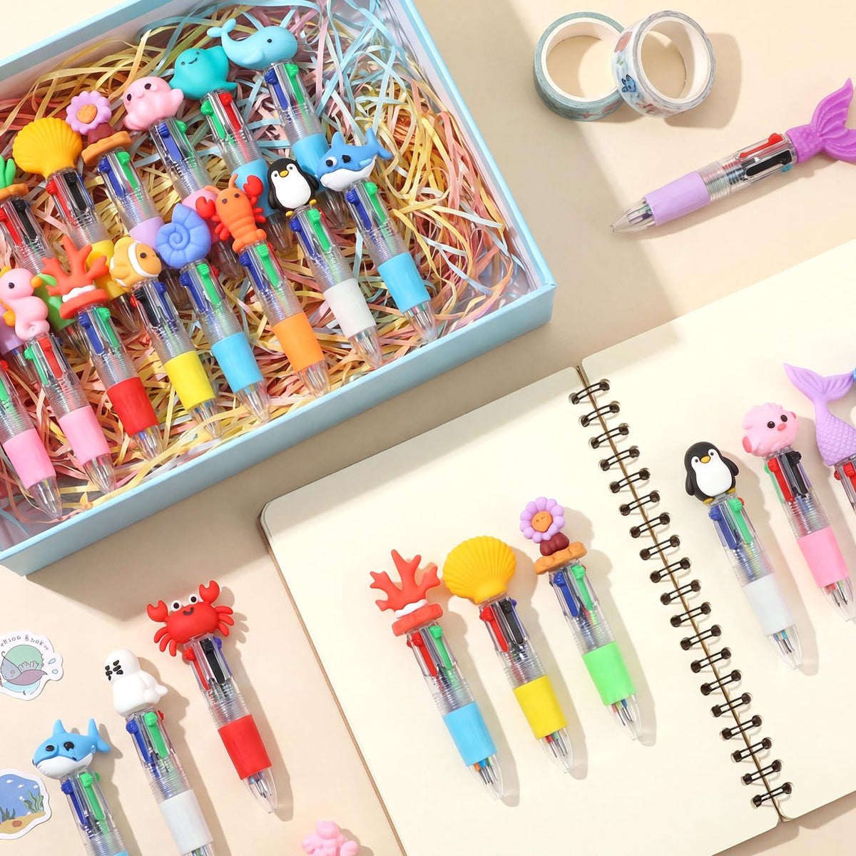 BESARME 48 Pcs Ocean Pens for Students, 4-in-1 Cute Pen Gifts
