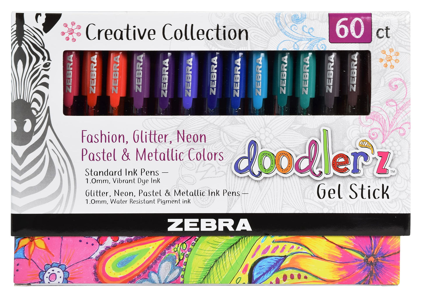 ZEBRA Doodler'z Gel Stick Pens, 1.0 mm, Fashion. Glitter, Neon and Pastel Colours. Box of 60 pens