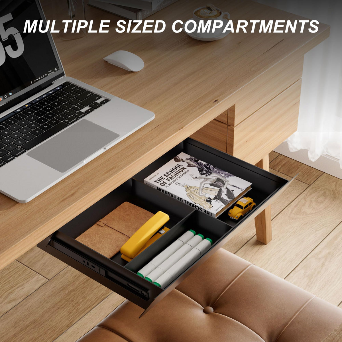 Gaxomo Under Desk Drawer with Removable Tray, 15.4" Wide 2-in-1 Organizer – 60° Ergonomic Tilt