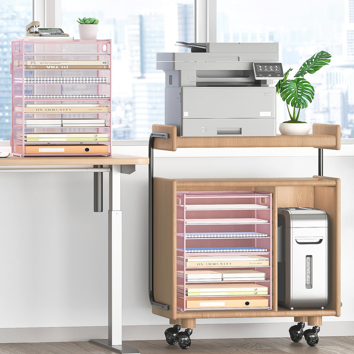 Subekyu 9 Tier Paper Letter File Tray Organizer for Desk, Pink Large Mesh Desk Folder Sorter