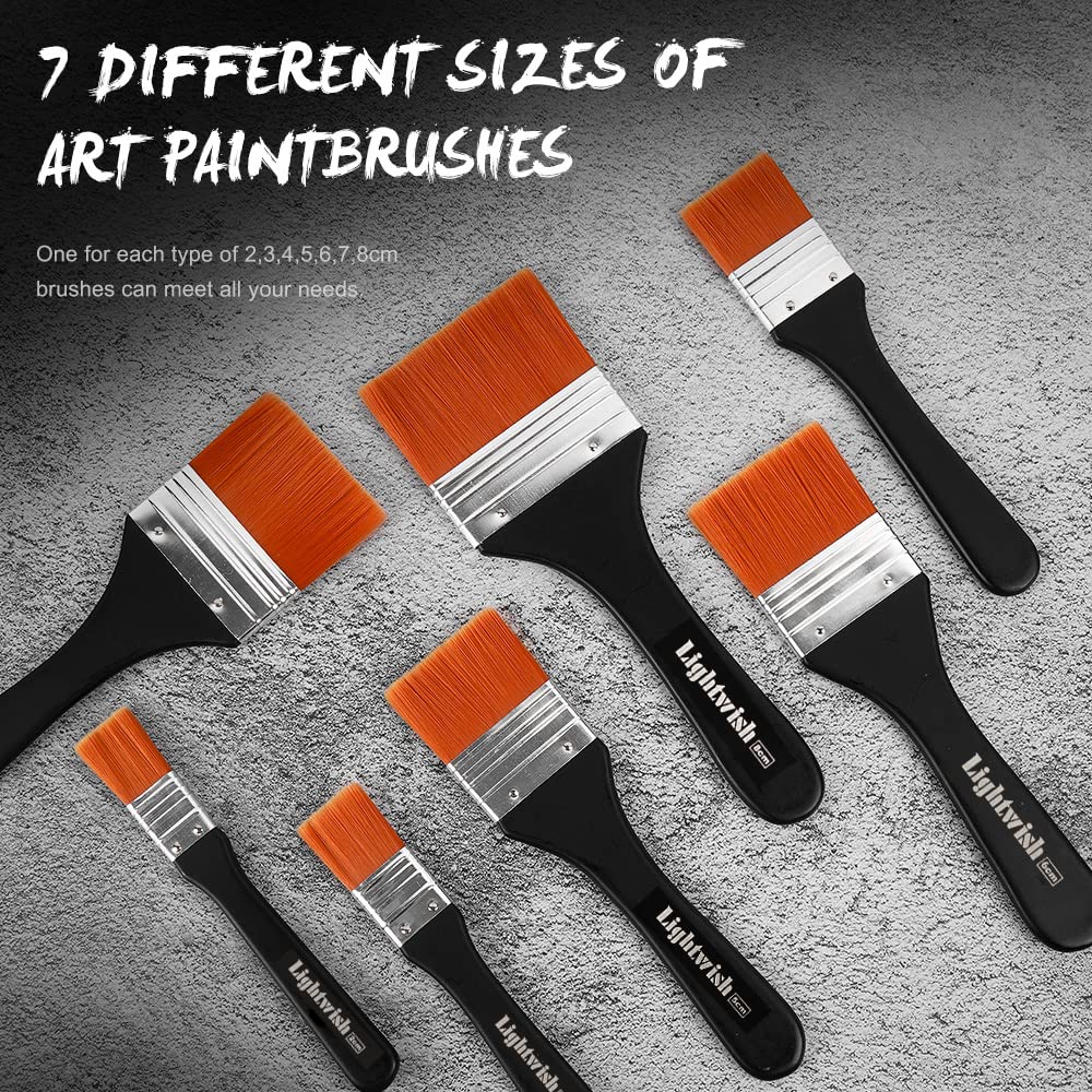 LIGHTWISH Set of 7 Flat Paint Brushes for Applying Gesso, Acrylic Paint, Oil Paint, Watercolor