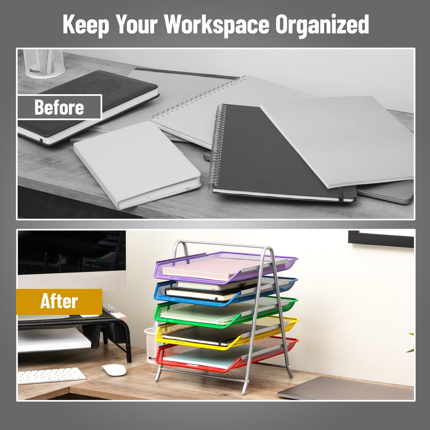 Mind Reader 5-Tier Paper Tray Organizer with Multicolor Trays, Classroom File Organizer for
