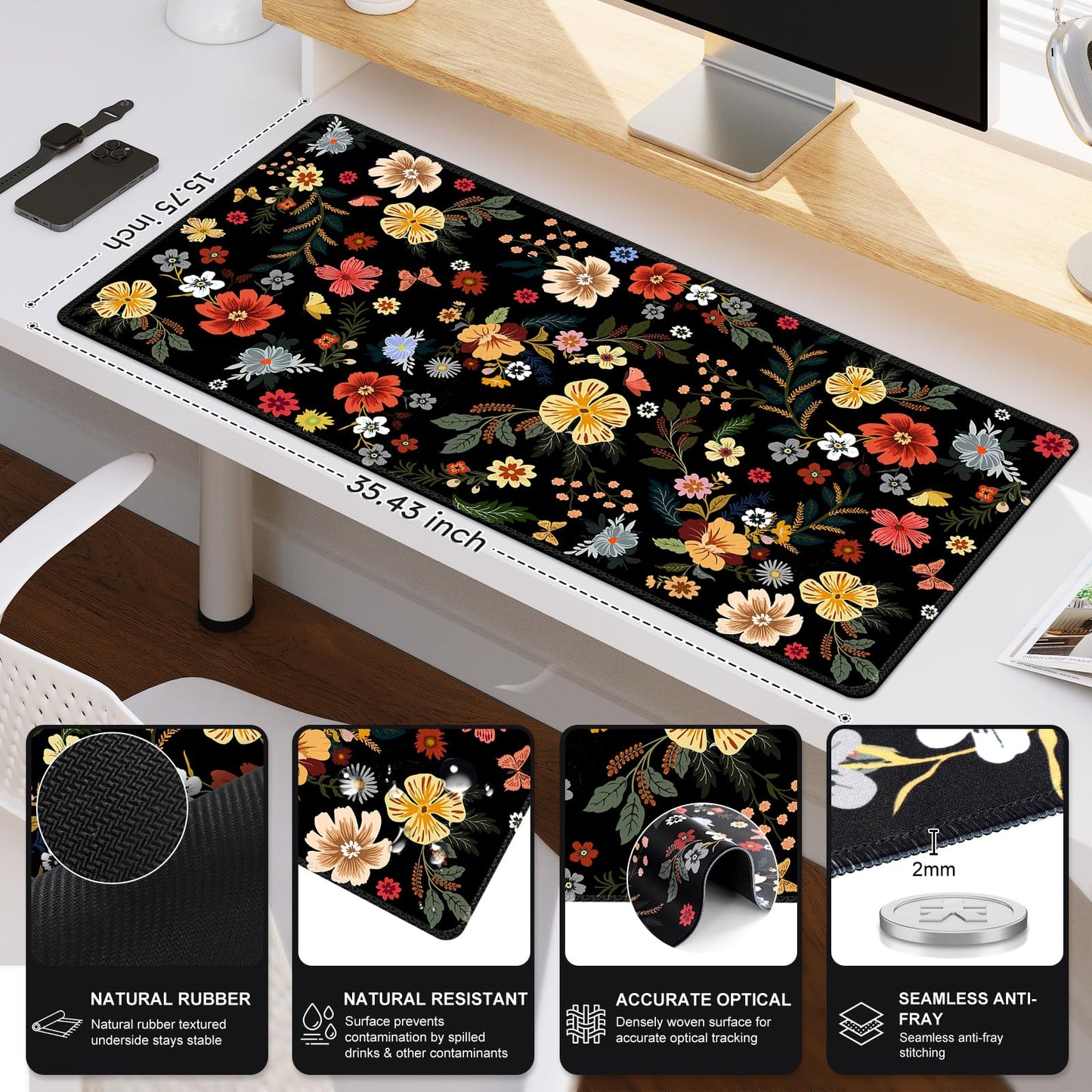 iCasso Desk Matt for Desktop, Cute Desk Pad Mat,Large Mouse Pad,Floral