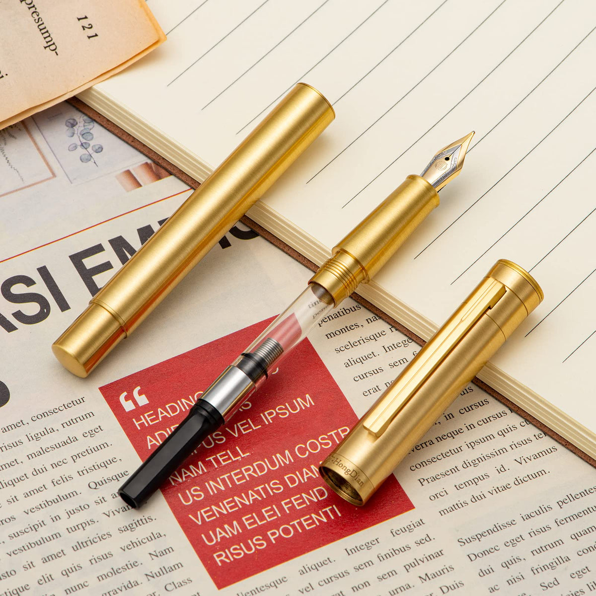 Hongdian Raw Brass Fountain Pen Extra Fine Nib Classic Design Smooth Writing Copper Pen with
