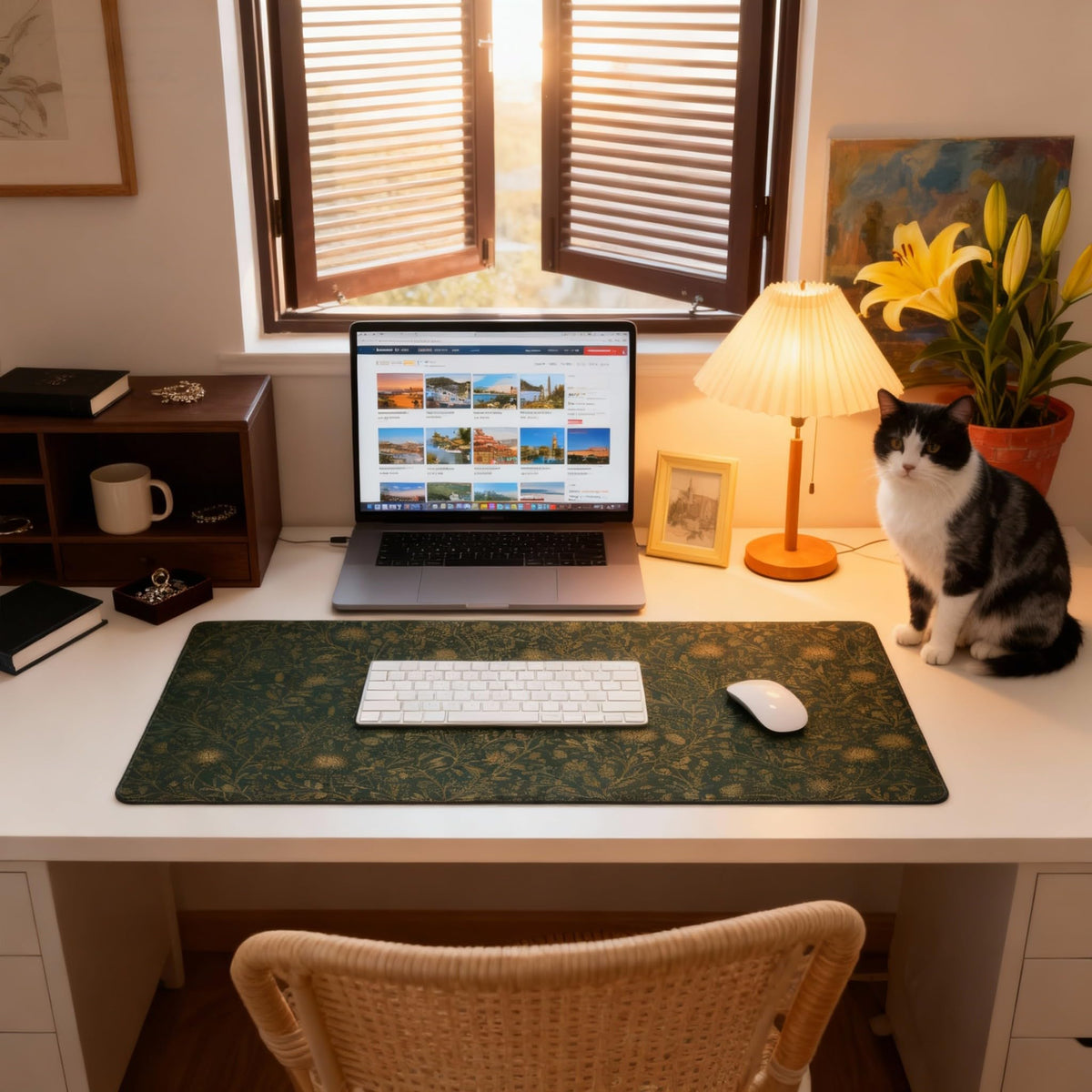 Dark Green Floral Desk Mat Gold Flowers XXL Large Desk Pad - Anti-Slip Stitched Edges Mouse Pad for