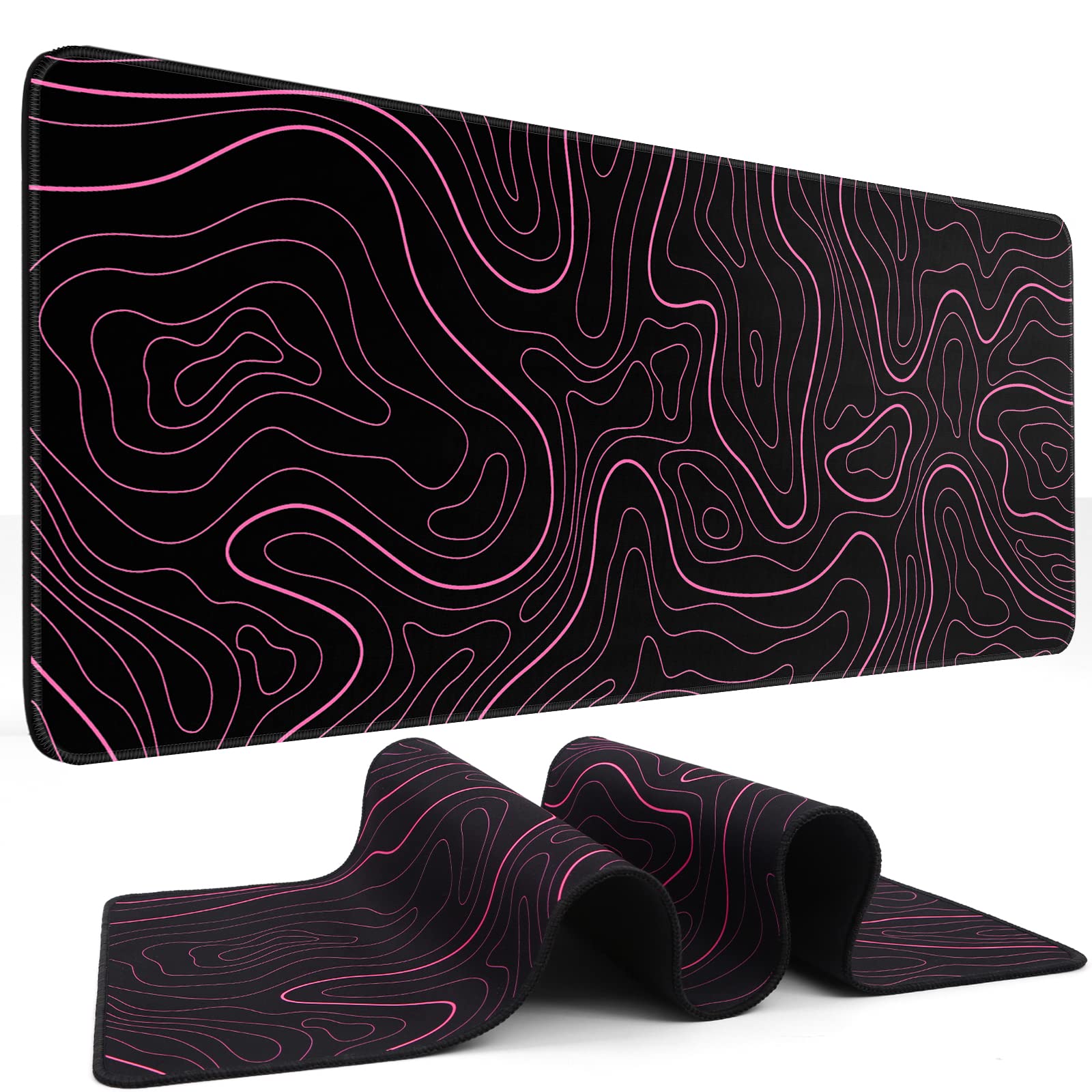 DIGSOM Gaming Mouse Pad, Black with Red Topographic Line, 31.5x11.8in