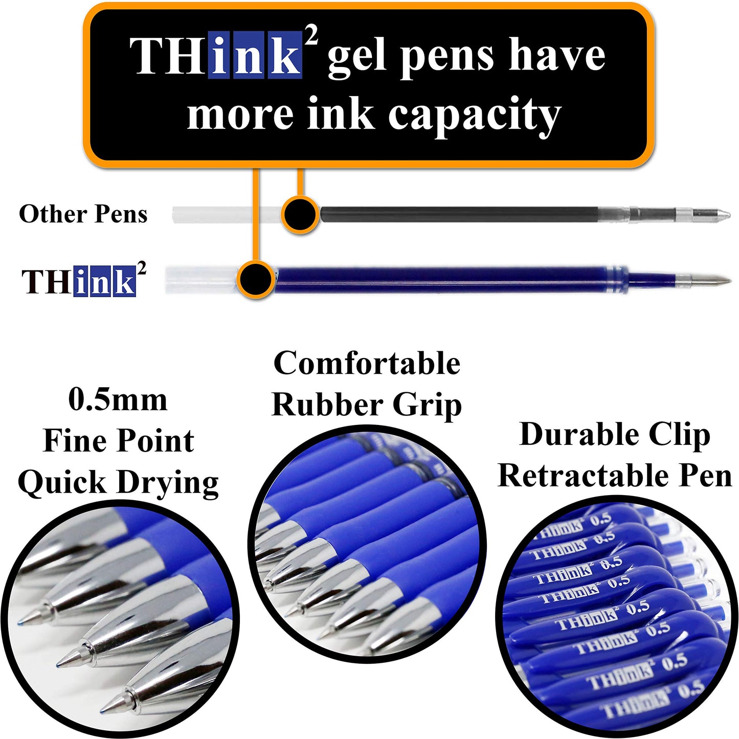 [24 Pens - Blue Ink] Think2 Retractable Gel Pens. (24 Blue) Fine Point (0.5mm) Rollerball Pens with