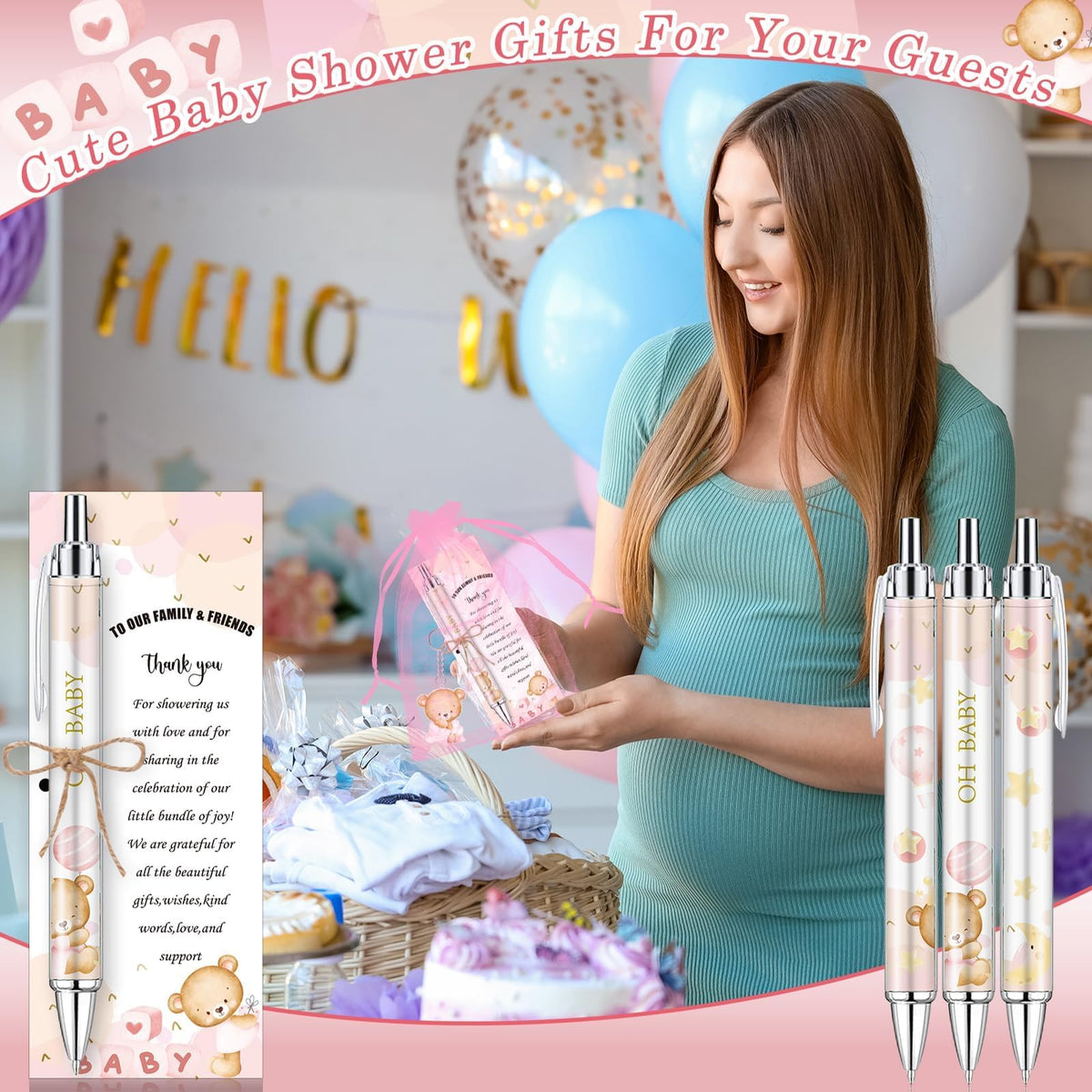 145 Pieces Baby Shower Favors for Guest Pink Bear Ballpoint Pens and Keychains Gifts for Baby Girls