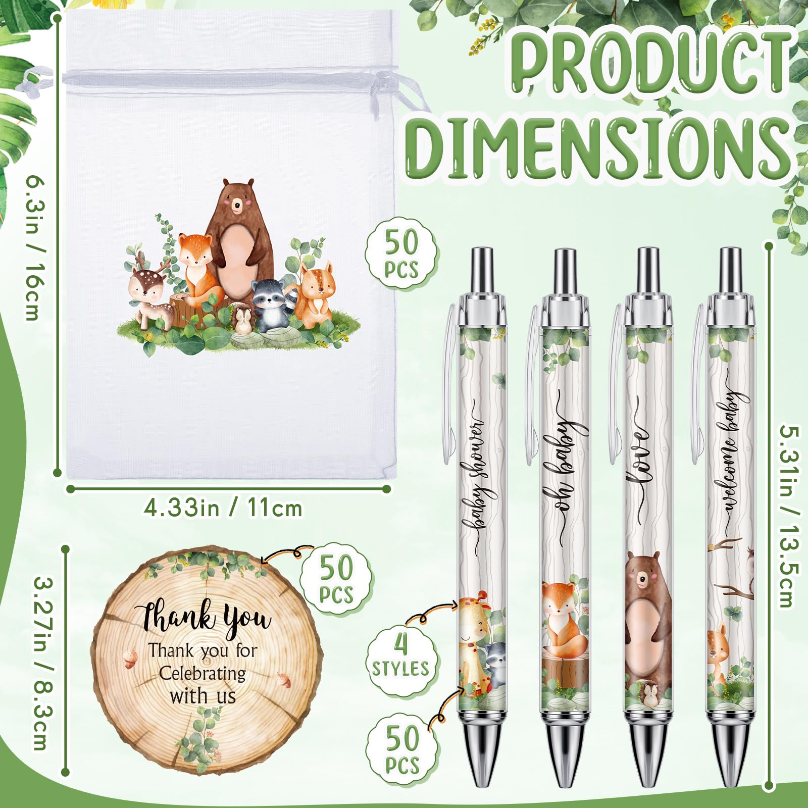 50 Sets Baby Shower Favors for Guests(White Green, Woodland Animal)