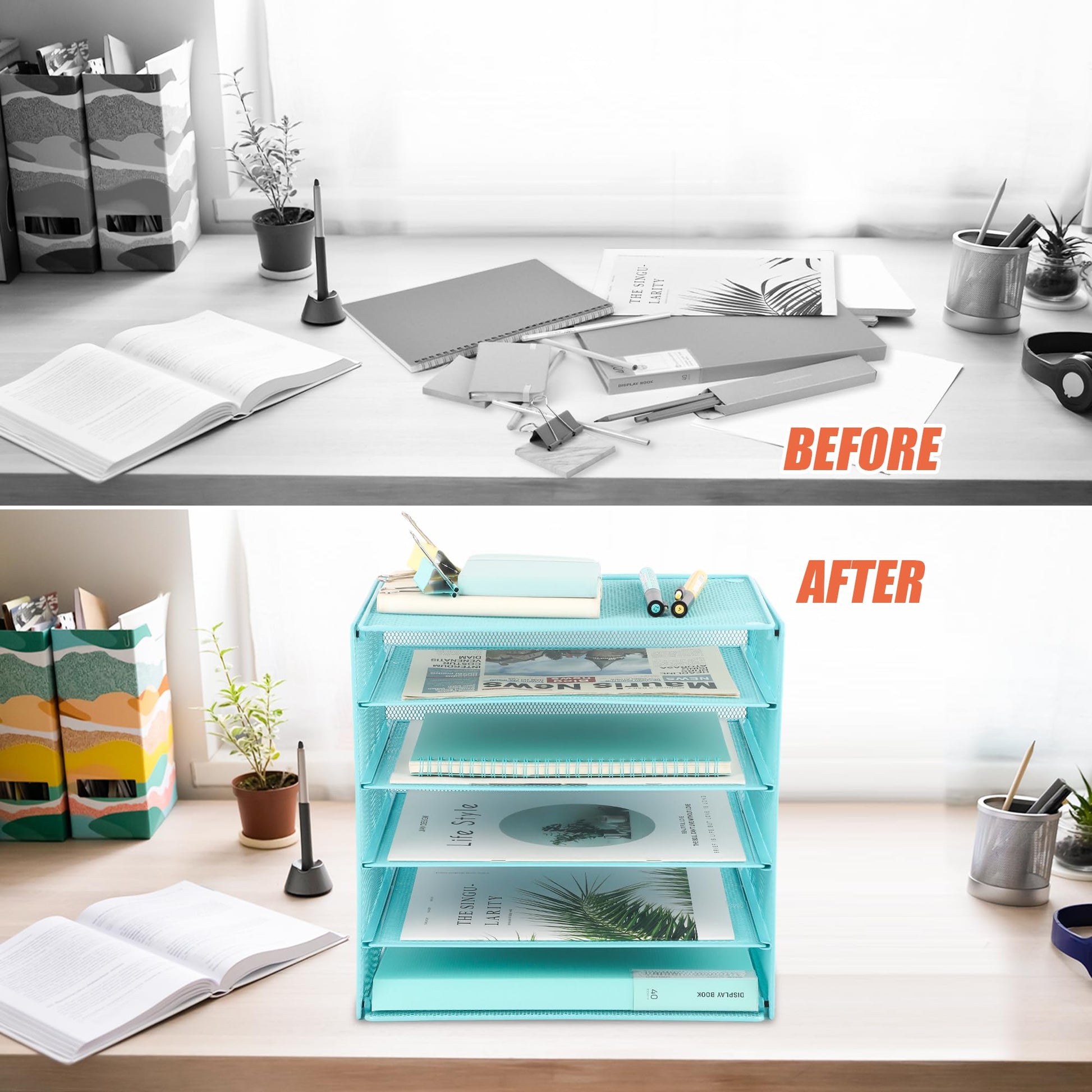 EASEPRES 5 Slot Mesh Desk Organizer Tray, File Paper Letter Folder Holder Desktop Paper Sorter Mail