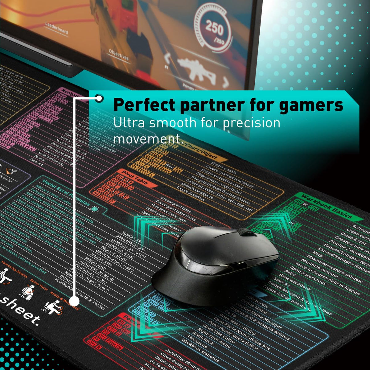 Pixiecube Excel Shortcut Keys Mouse Pad - Extended Large XXL Cheat Sheet Gaming Mousepad | PC