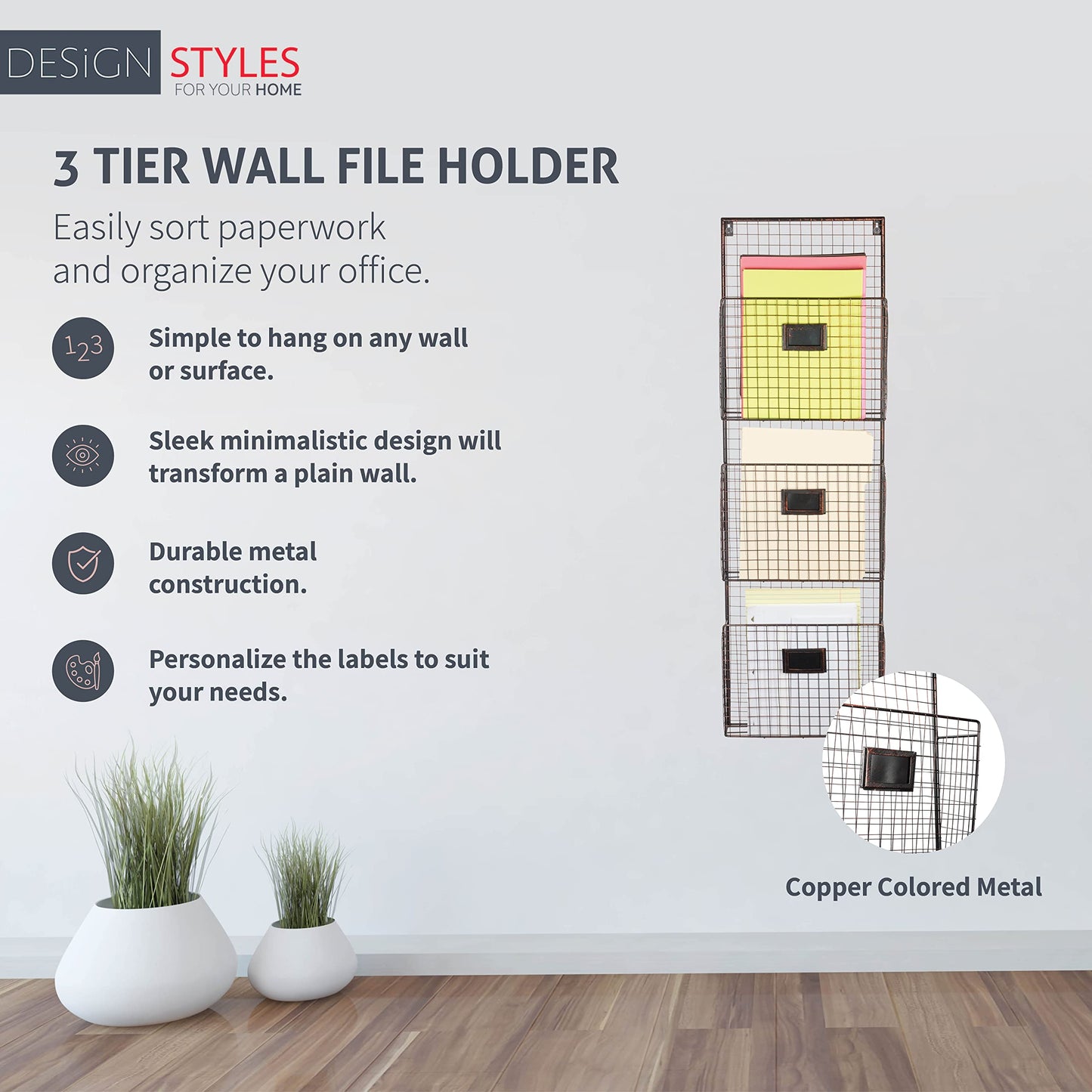 Three Tier Wall File Holder – Durable Copper Metal Rack with Spacious Slots for Easy Organization