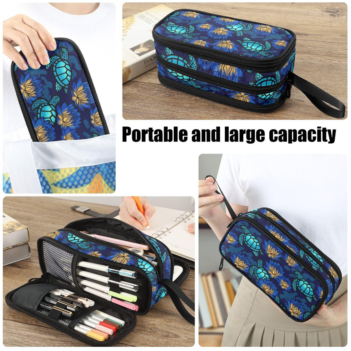 Fustylead Turtles and Lotuses Large Pencil Case, Minimalist Portable Stationery Bag Cosmetics Bag