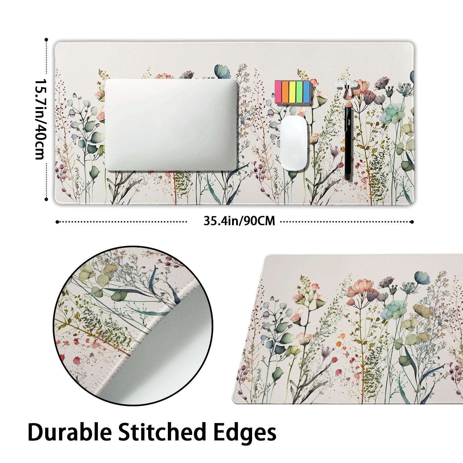 Cute Wild Flowers Mouse Pad XXL Boho Aesthetic Floral Chic Plant Extended Table Mat 90X40 cm