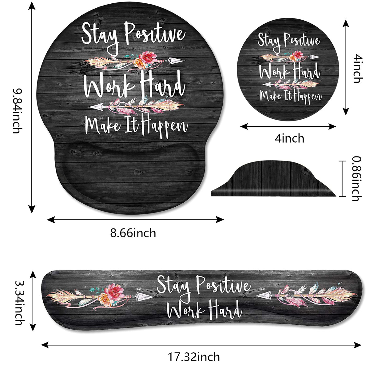Keyboard Wrist Rest and Mouse Pad Wrist Support Set with Coasters, Stay Positive Work Hard and Make
