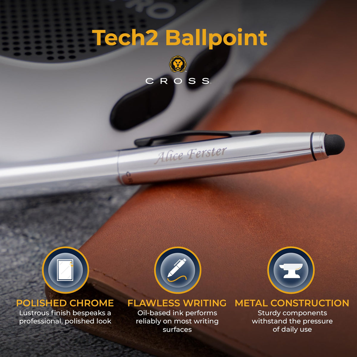 Cross Tech2 Personalized Ballpoint Pen in Chrome with Satin Black Clip