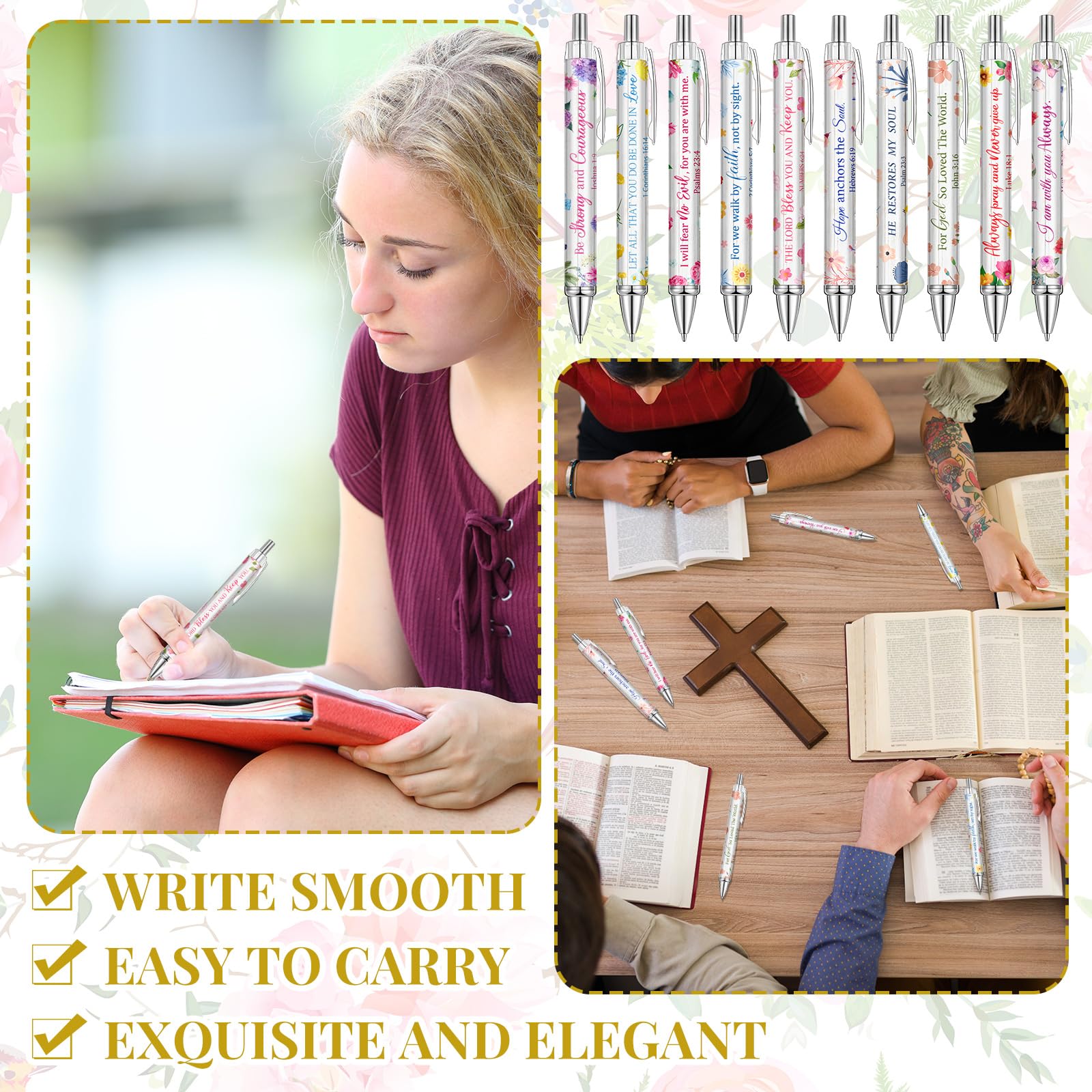 Qeeenar 50 Pcs Bible Verse Pens Christian Gift,Fresh Flower