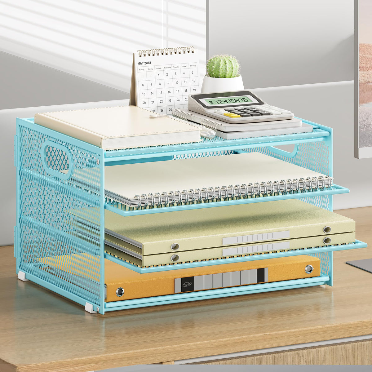 4 Tier Paper Organizer with Handle,Letter Tray Blue Desk Organizer Set