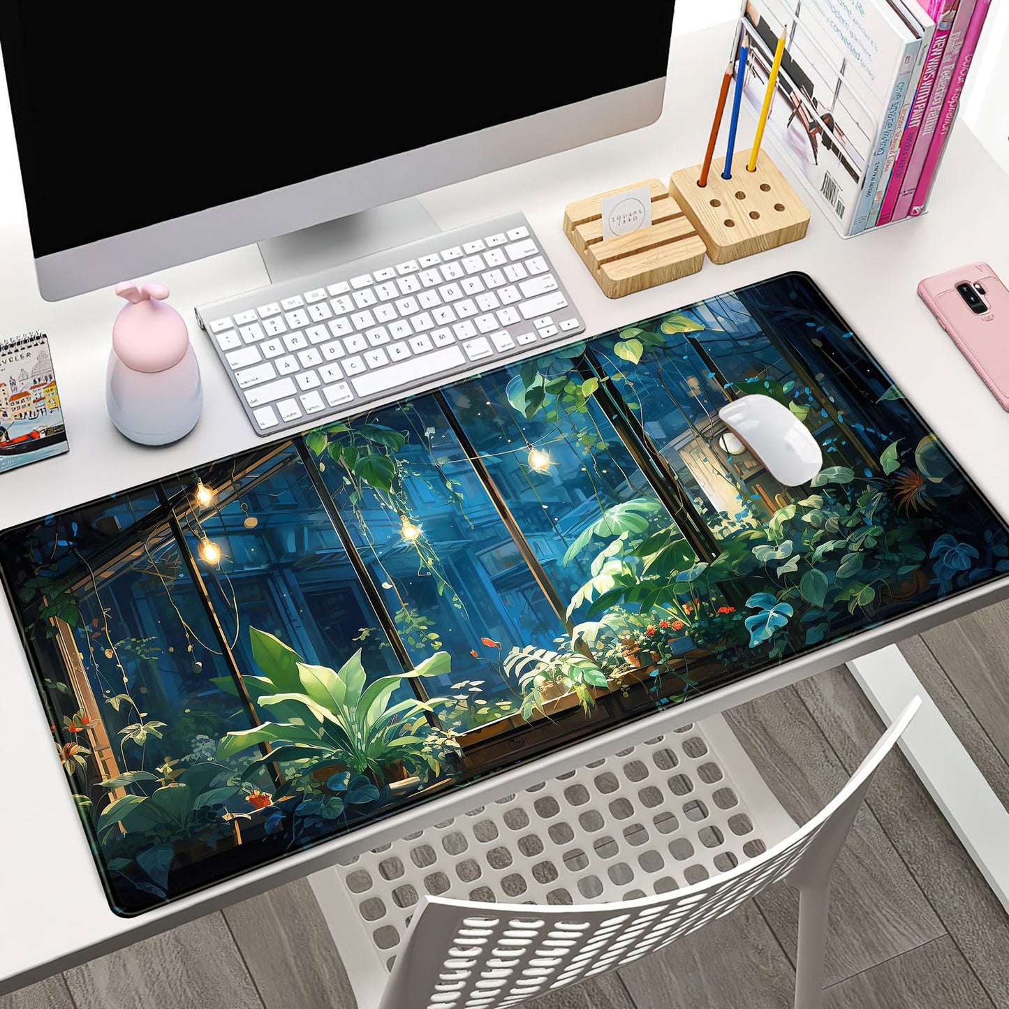 Plant Desk Mat Green Big Mouse Pad Large Gaming Mousepad Extended Keyboard Pad City View Aesthetic