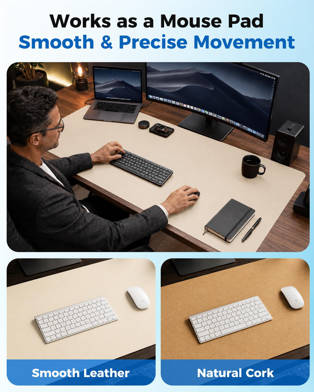Aothia Dual-Sided Desk Mat - Leather & Cork Desk Protector, Large Mouse Pad & Writing Pad for
