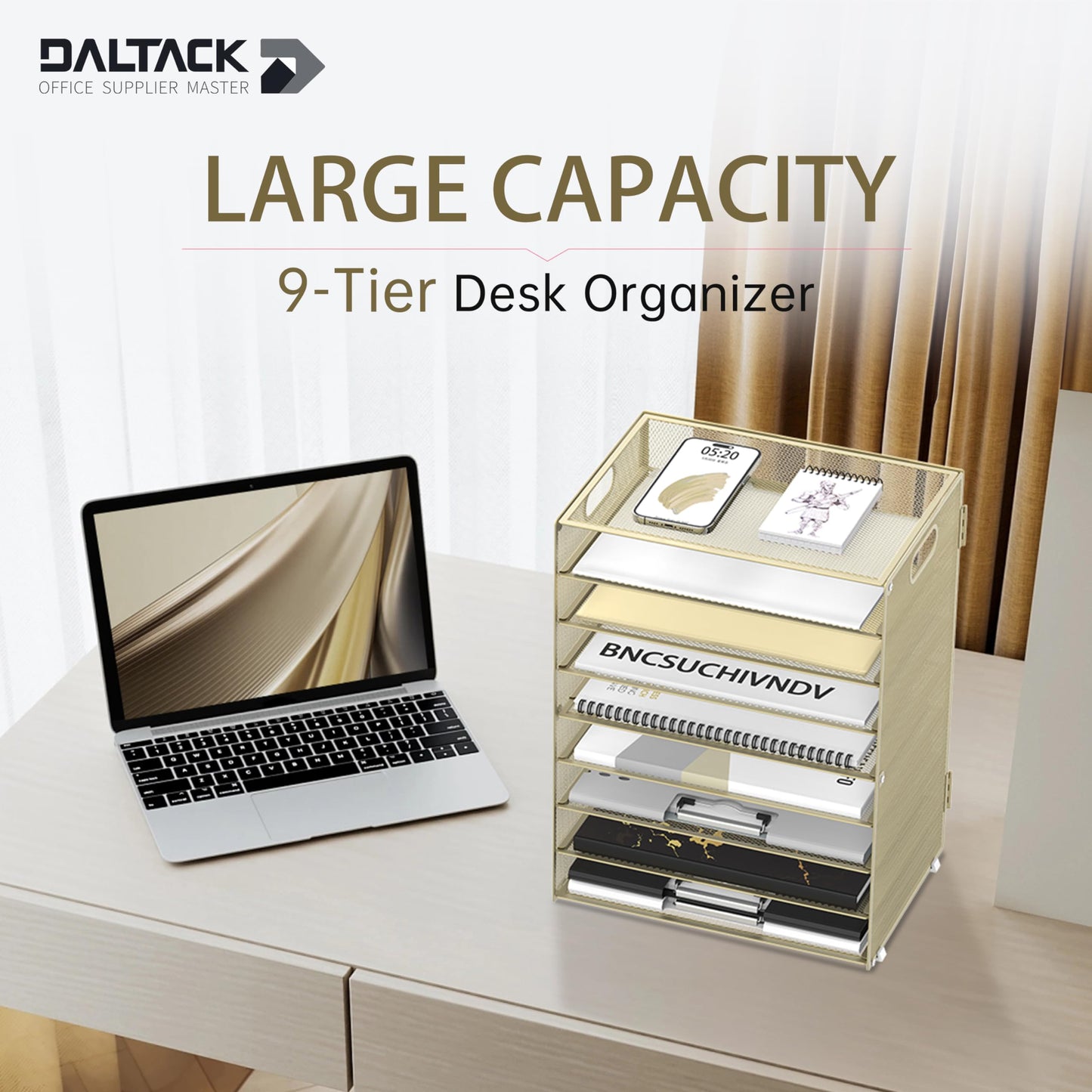9-Tier Paper Organizer for Desk, Letter Tray with Handles, Golden Yellow